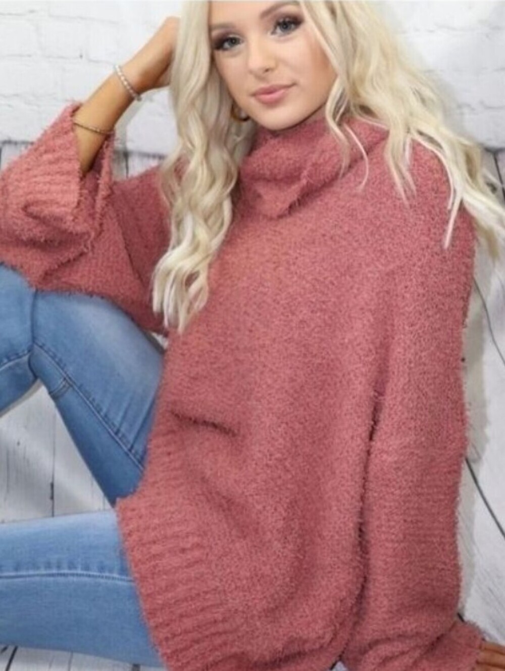 Miracle Dusty Rose Oversized Fuzzy Eyelash Knit Cowl Turtleneck Sweater S/M